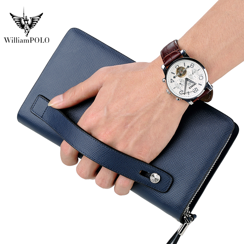 Leather Wallet Men - WILLIAMPOLO 高級メンズレザークラッチバッグ 大容量長財布 高品質牛革クラッチ財布 ファッションハンドバッグ