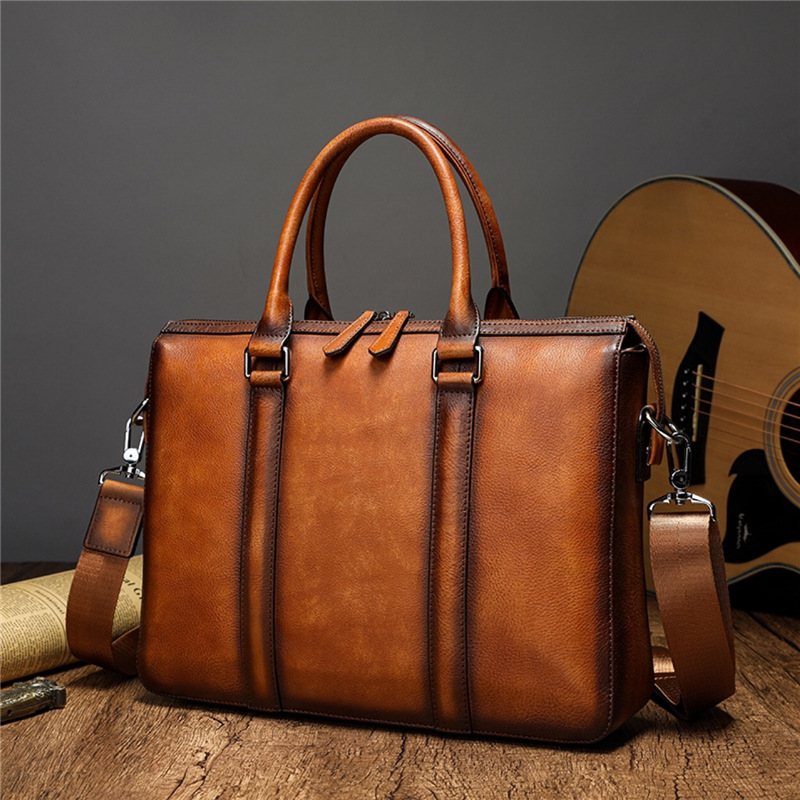 Leather Briefcase - YETTIES ビジネス トップグレインレザー ブリーフケース | 14インチノートパソコン用クロスボディショルダーバッグ