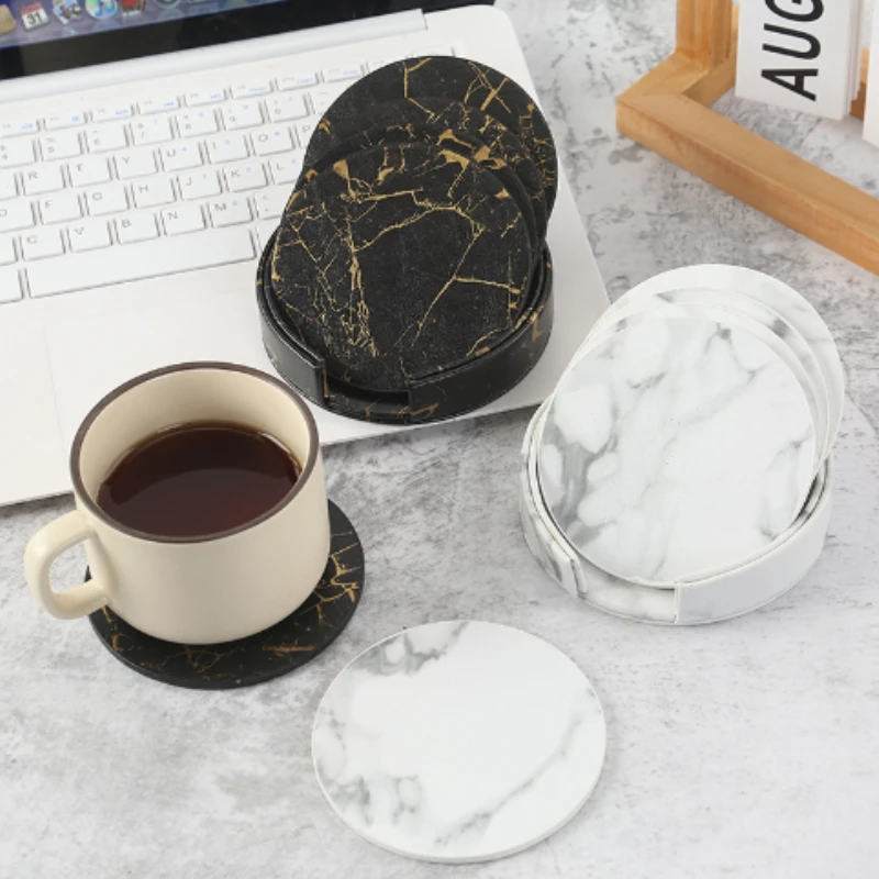 Marble Coaster Set - 6 個大理石コースター人工皮革 10 センチメートル耐油性と耐水性耐熱性ベース両面レザーコーヒーコースター