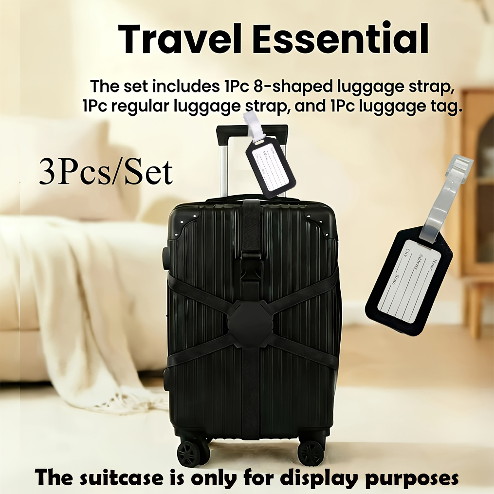 Travel Luggage Set - 3点セット（荷物ストラップ2本と荷物タグ1個）、8字型デザインの旅行用荷物パッキングストラップ、スーツケースに最適、滑り止め弾性バンジーコード、タイストラップ、搭乗用ハングタグ、紛失防止識別タグ
