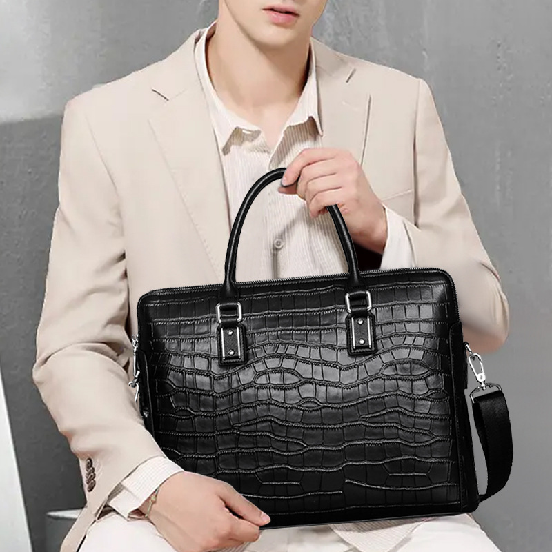 Leather Briefcase - 新品本革メンズブリーフケース、クロコダイルエンボス加工、ビジネスハンドバッグ、大容量、ノートパソコン収納可能、2WAYショルダーバッグ、普段使いに最適。
