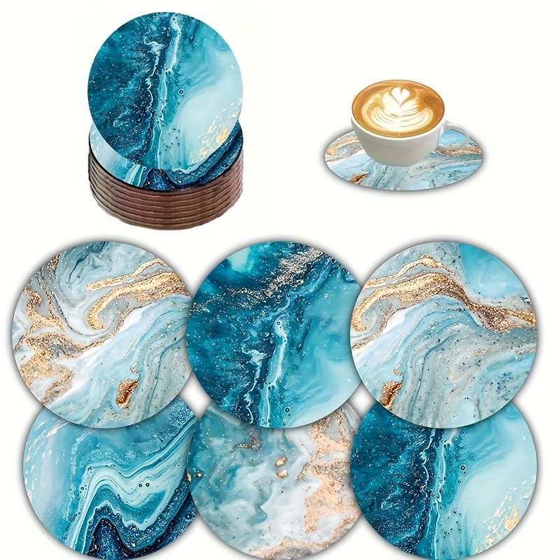 Marble Coaster Set - 2Dフラット6個入りブルーオーシャン丸型木製コースター＆プレースマットセット - 家庭、カフェ、パーティーテーブルデコレーション、耐久性のあるドリンクコースター