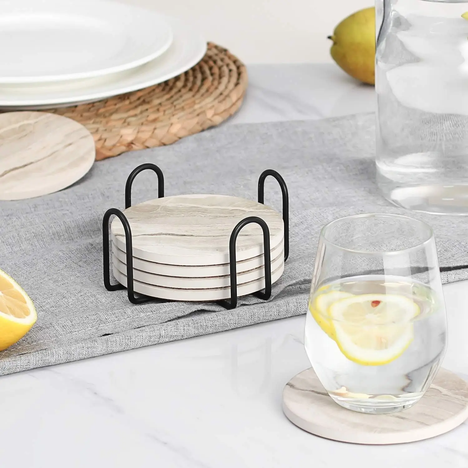 6個入り飲料コースターセット（ブラケット付き）、大理石風、セ - Marble Coaster Set のレビューと価格