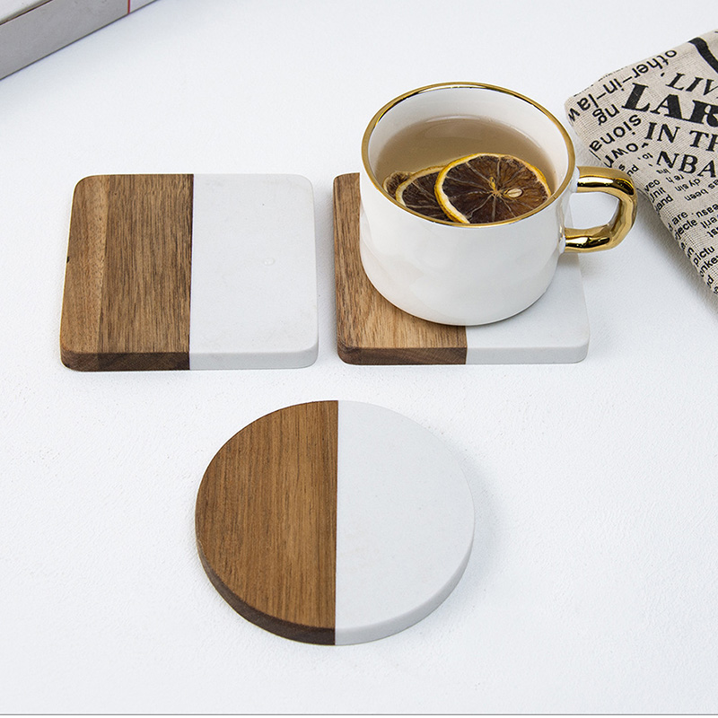 4個入り大理石風アカシア木製コースター、丸型と四角型のドリン - Marble Coaster Set のレビューと価格