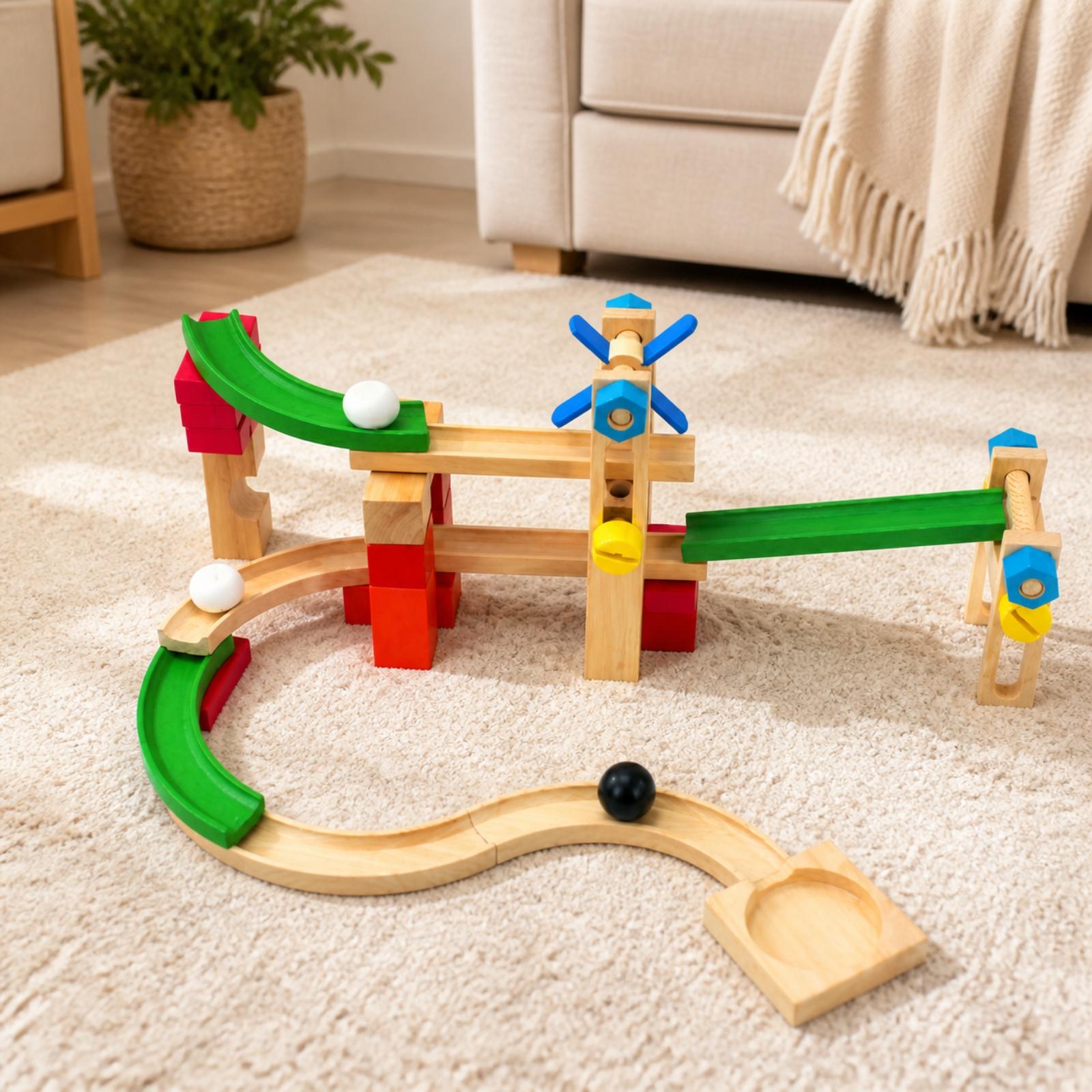 子供向けの木製マーブルコース玩具セット。傾斜路や曲線レールが - Marble Coaster Set のレビューと価格